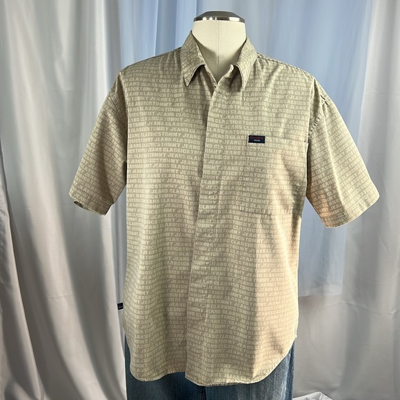 Tommy Jeans men's beige collared button up shirt short sleeve cotton casual L - Picture 2 of 7